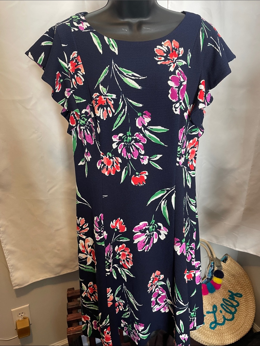 Jessica Howard Navy Floral Midi Dress with Pink and Red Blooms
